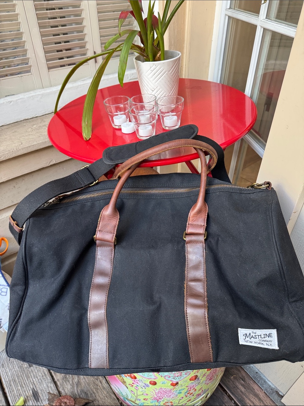 Mastline  Black waxed Canvas Weekender Bag with Brown Leather Trim. EUC